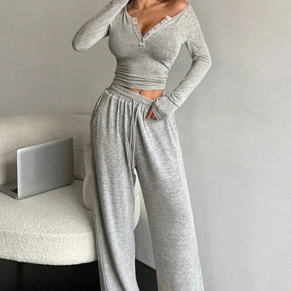 Light Grey Casual Women's Solid Color Button Long Sleeve T-Shirt And Pants Set - Picture 7 of 7